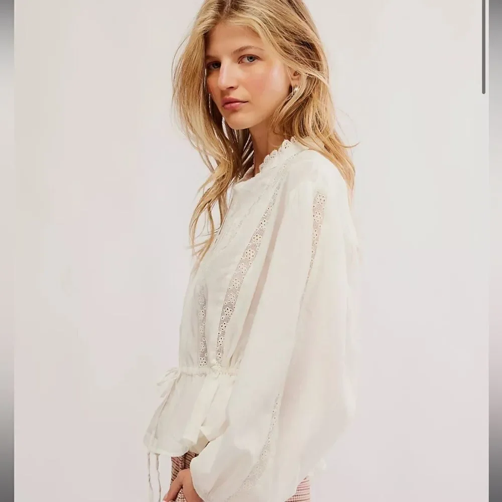 Free People Best of Me Blouse White Button Up Ruffle Lace